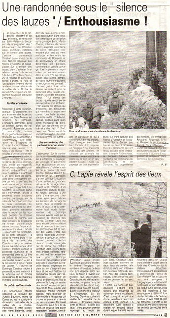 24 avril 2003 – La Tribune - Christian LapieUne randonnée sous “le silence des lauzes” / Enthousiasme !