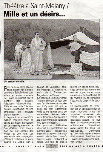 17 juillet 2003 – La Tribune - Roger LombardoThéâtre à Saint-Mélany / Mille et un désirs...