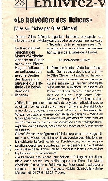27 décembre 2007 - La Tribune - Le belvédère des Lichens – Vues sur friches par Gilles Clément