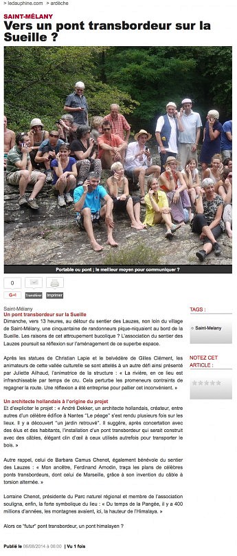 06 août 2014 - Le Dauphiné Libéré - Vers un pont transbordeur sur la sueille ?