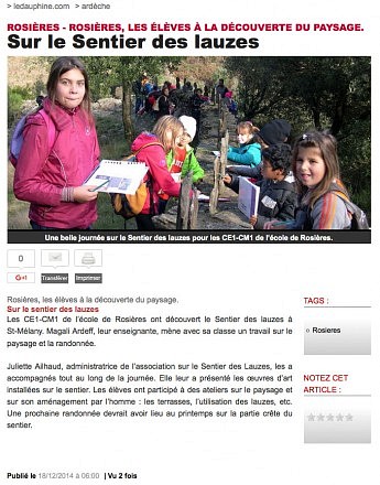 18 décembre 2014 - Le Dauphiné Libéré - Rosières, les élèves à la découverte de paysage - Sur le sentier des lauzes